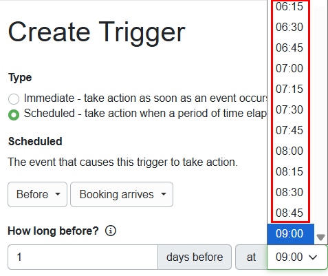 To see these new time intervals in action, navigate to Settings &rarr; Messaging&nbsp;&rarr; Triggers&nbsp;&rarr; + Create Trigger&nbsp;&rarr; Scheduled&nbsp;&rarr; How long before/after/when on the day of?