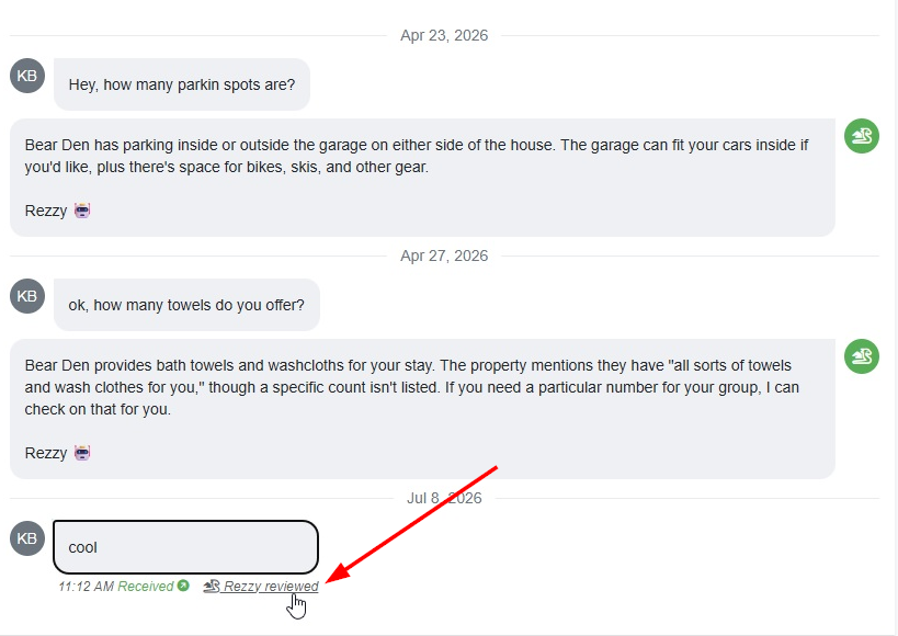 When a guest sends several messages in a row, Rezzy AI reviews and coalesces all the messages and only responds to the latest one (which includes the entire thread in its context), so that only the last message gets 