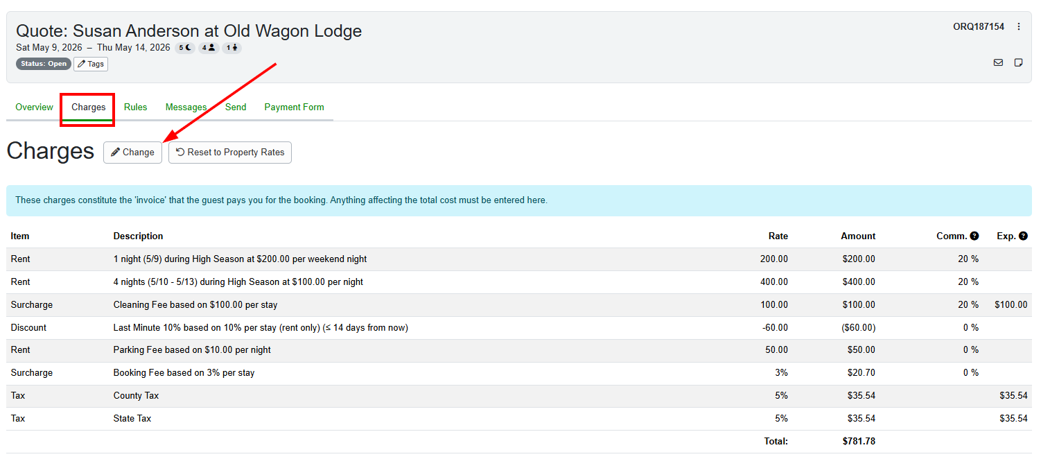 Users can change the charges for a quote by navigating to the specific Quote > Charges > Change.