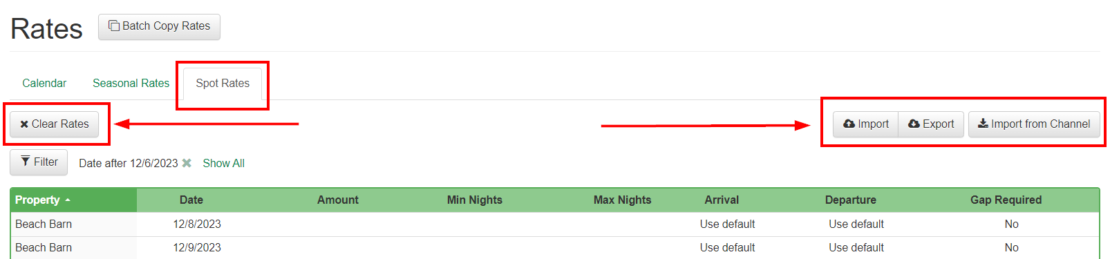 Users can also Clear Rates, Import, Export, and Import from Channel their rates on this tab.
