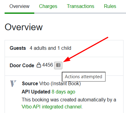 On individual bookings, you can see the door lock attempts by clicking on the booking Overview > Door Code section and clicking on the Actions attempted icon.