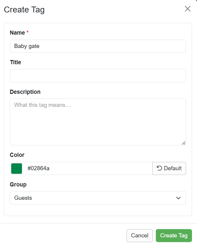 On the Create Tag pop-up, enter the tag name (required), optional title, description, color, Group, and click Create Tag, which is added to your booking immediately.