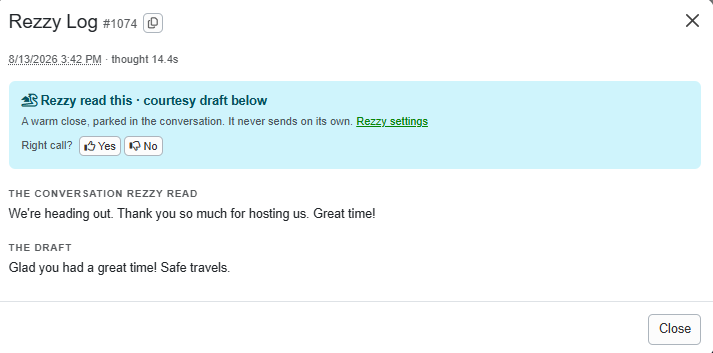 Additionally, when clicking on the Rezzy link, the Rezzy AI reply explanation pop-up was redesigned to include a review of the draft, a reply, and an explanation of the response.