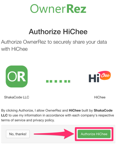 Authorize the connection in the OwnerRez authorization window by clicking Authorize. This is a secure connection.