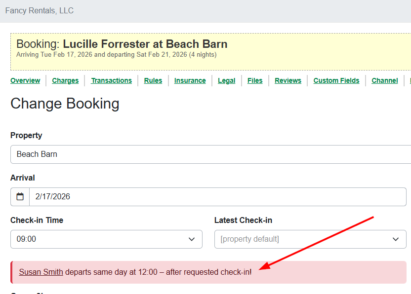 If you change a booking with a potential overlapping changeover, the Change Booking page displays a pink warning banner indicating a conflicting check-in or check-out time for the guest name in the conflicting quote,&nbsp;and you can click the link to go to that quote.