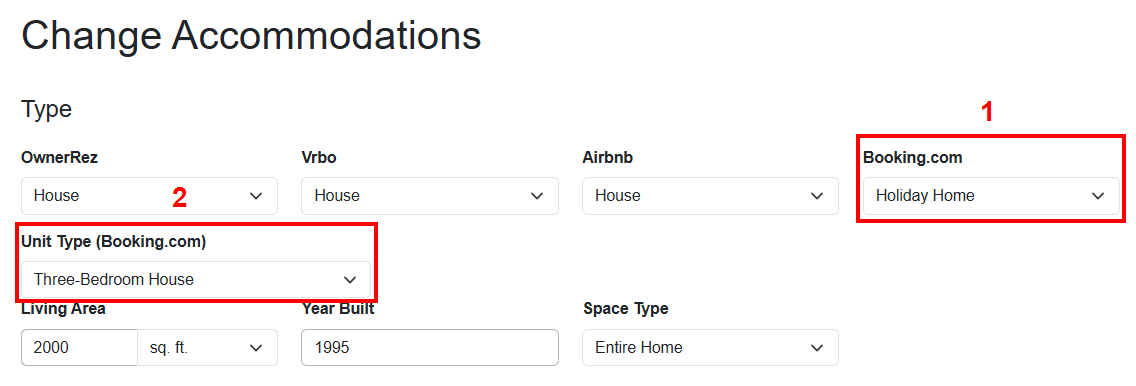 Before you set up and connect to Booking.com (BDC), you need to verify your property's Accommodations Type and Unit Type by navigating to Properties > your specific Property > Listing Content > Accommodations > Change.  Select a property type in the Type > Booking.com dropdown list. Select a unit type in the Unit Type (Booking.com) dropdown list.