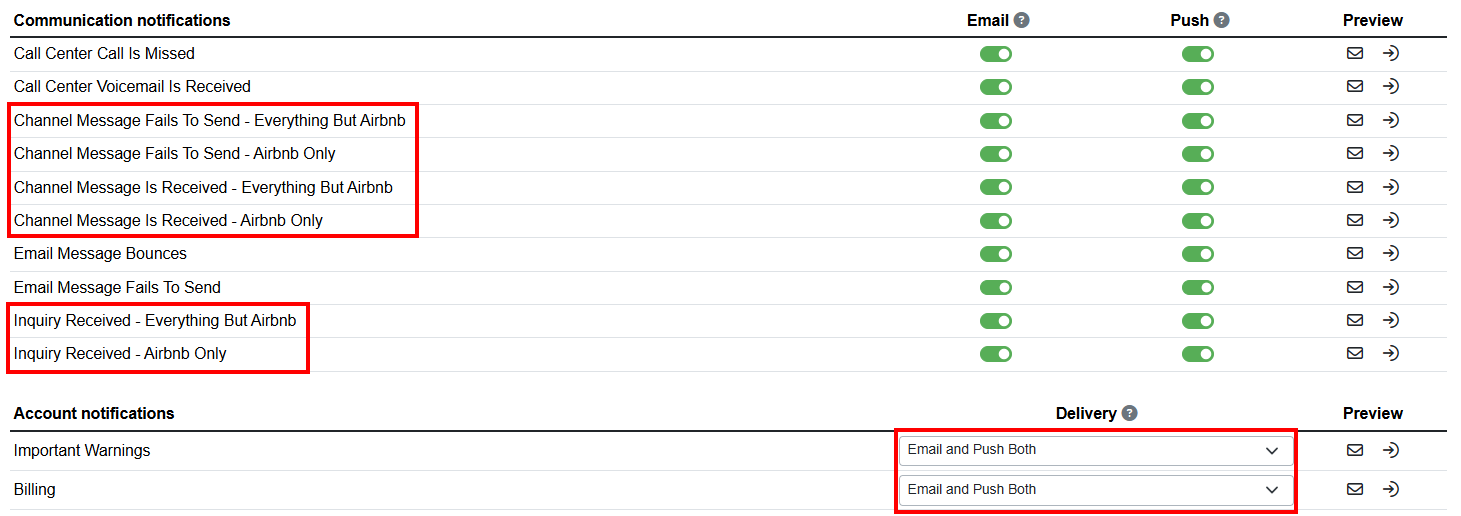 We reorganized and consolidated some important notifications or alerts into simpler delivery dropdowns (email, push, or both), improved preview examples with better data and formatting, and renamed channel-specific alerts for clarity (e.g., 