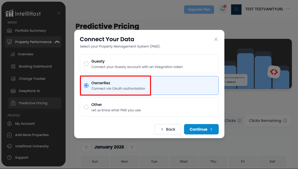 Step 5: Select OwnerRez as Your PMS  From the list of supported PMS options, select OwnerRez.&nbsp;After selecting OwnerRez, it will be highlighted. Click Continue to proceed.