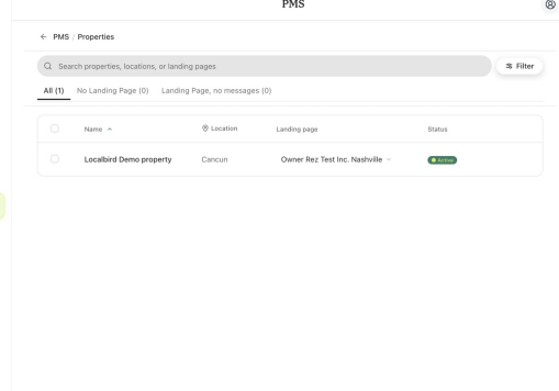 Every synced property is listed under PMS &rarr; Properties, with its linked page and status.