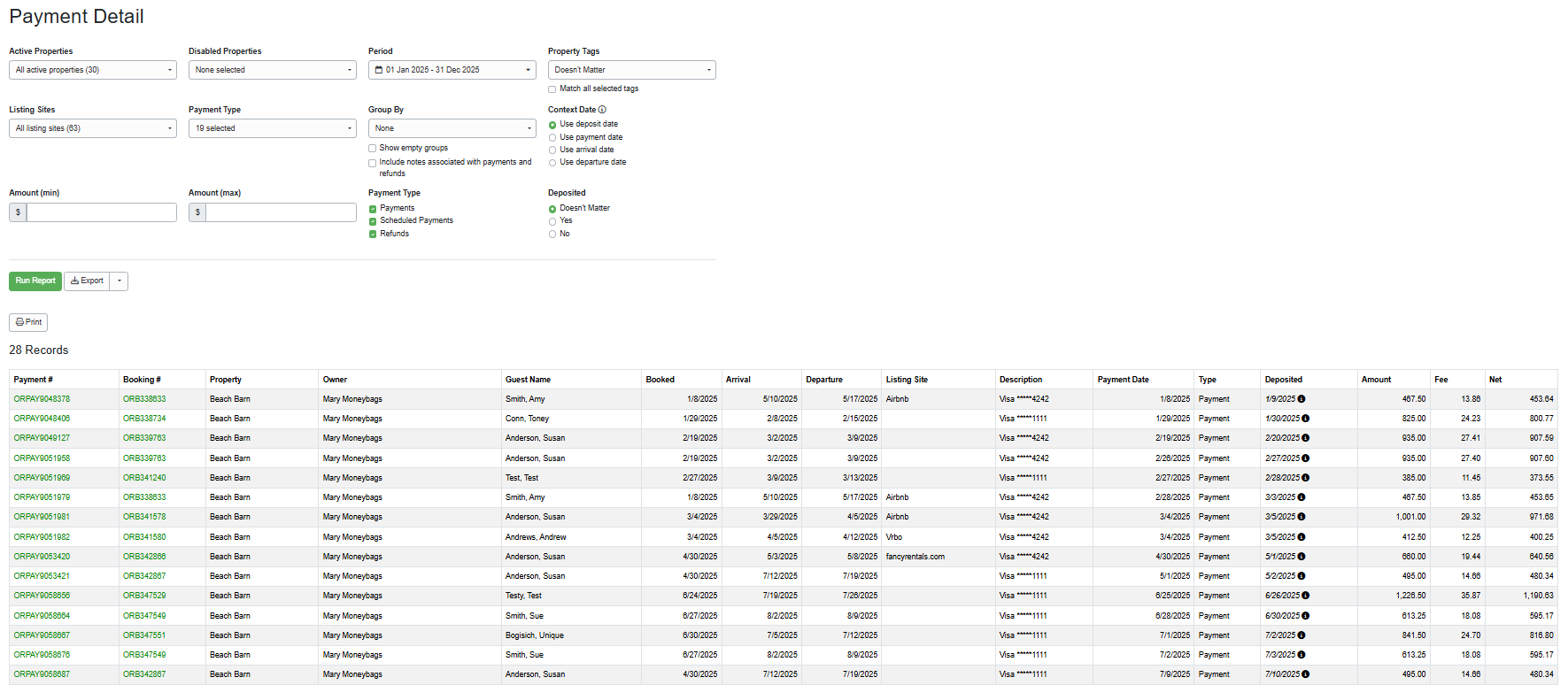 Create a&nbsp;Payments Report by navigating to Reports > Detail Reports >&nbsp;Payments, selecting the following options, and clicking Run Report.