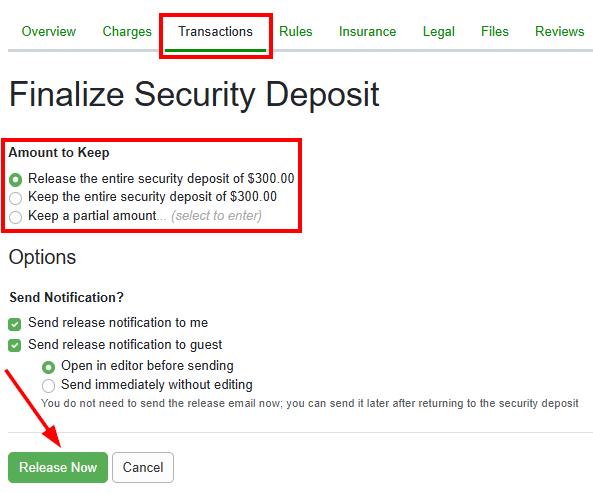 If users choose Release the Refundable Damage Deposit (RDD), they can decide whether to proceed with the following.  Release the entire security deposit Keep the entire security deposit Keep a partial amount... (select to enter)
