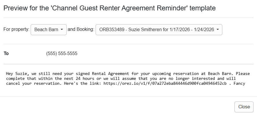 Channel Guest Renter Agreement Reminder SMS Template Preview
