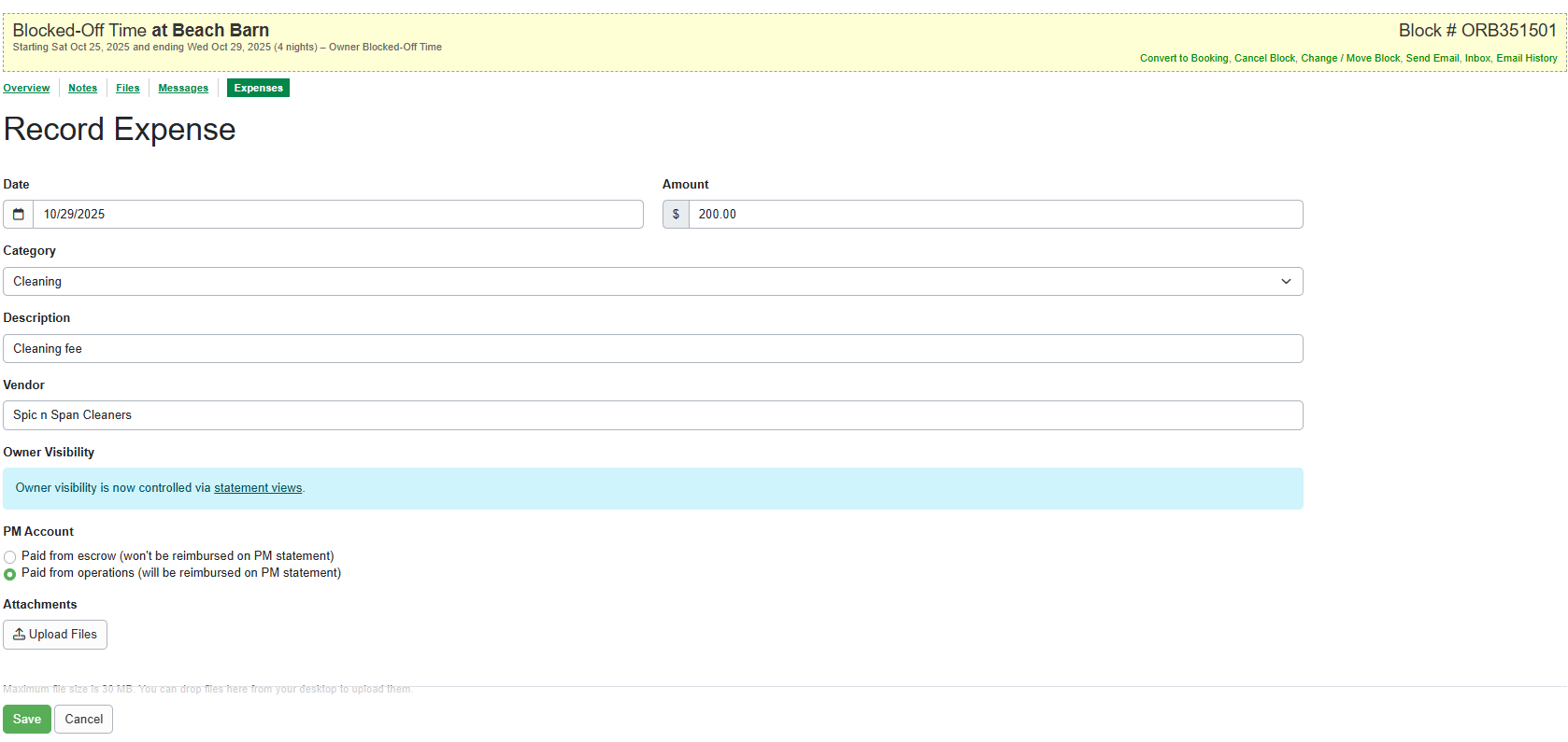 On the Record Expense page, enter the blocked-off time expense.