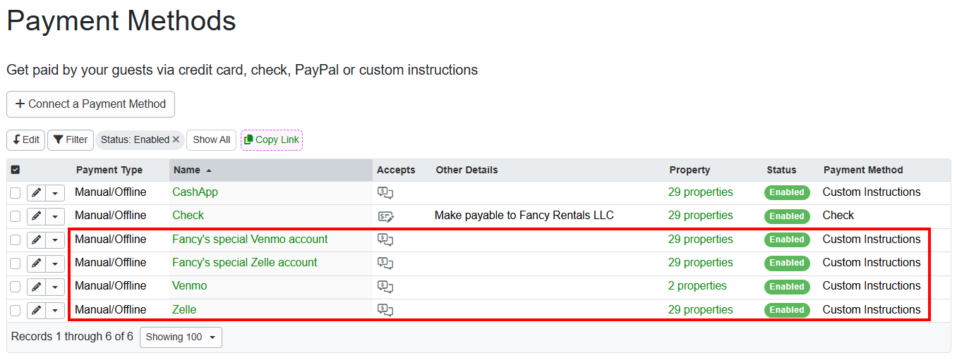 On the Payment Methods grid, the multiple&nbsp;custom payment methods for the same properties are displayed along with your internal name.