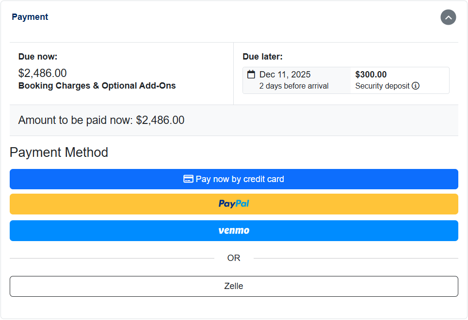 OwnerRez Confirm & Pay Guest Form payment section example. OwnerRez's PayPal integration enables you to offer your guests a wider range of payment options, including PayPal, credit card, Venmo, and Zelle.