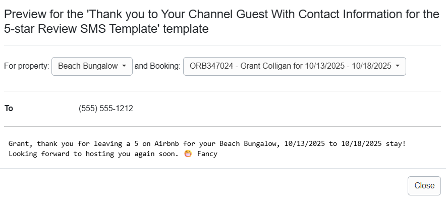 Thank you to Your Channel Guest With Contact Information for the 5-star Review SMS Template Preview Example