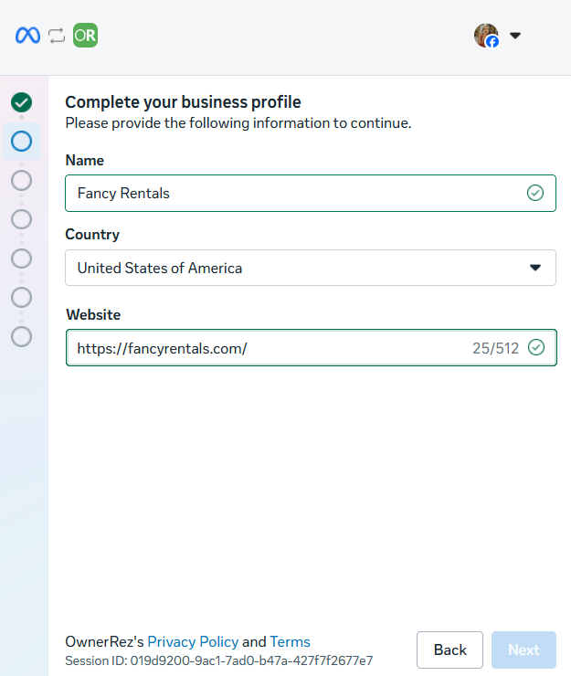 Complete your business profile by entering your business name, country, business website, and clicking Next.