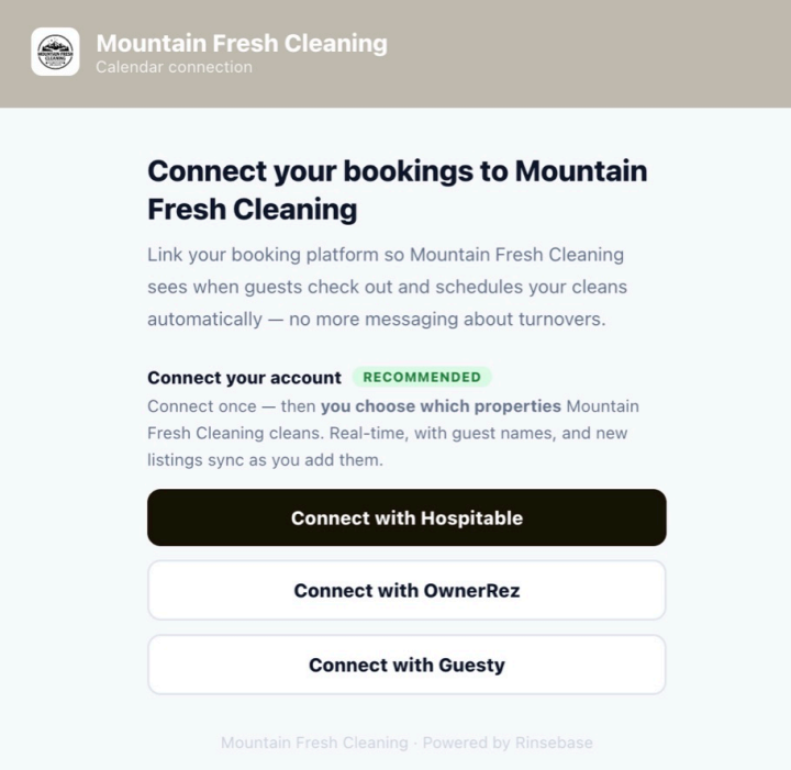 2.&nbsp;Open the invite and choose &ldquo;Connect with OwnerRez&rdquo;  The invite opens a secure connect page. Pick Connect with OwnerRez.