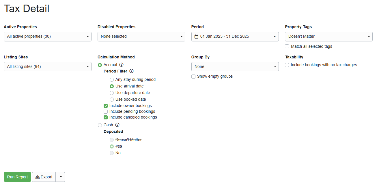 To run the&nbsp;Taxes Detail Report, users can navigate to Reports > Detail Reports > Taxes, select from the following fields, and then click Run Report.