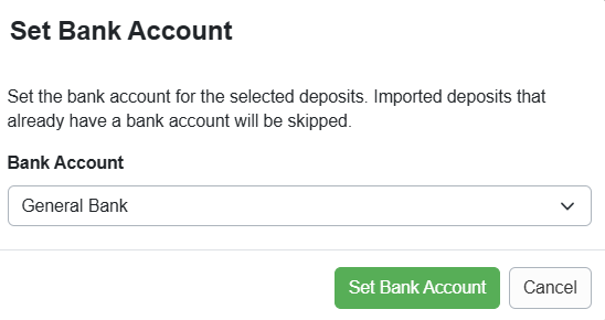 In the Set Bank Account pop-up, select your desired bank account from the Bank Account dropdown list, then click Set Bank Account.