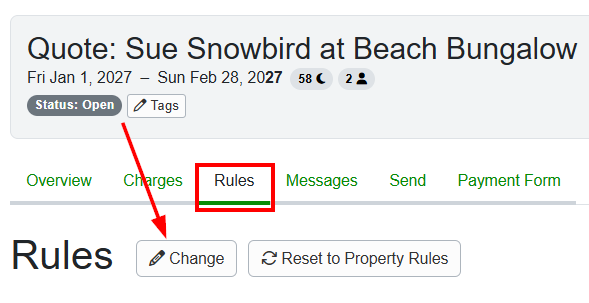 For mid-to-long-term rentals, OwnerRez recommends creating a&nbsp;Quote for the full amount of the booking, then making changes to the&nbsp;Payment Schedule&nbsp;and&nbsp;Security Deposit&nbsp;in the&nbsp;Rules tab&nbsp;> Change section of that&nbsp;quote.&nbsp;