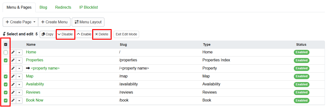 After creating your hosted website, delete or disable all unnecessary default pages except for the home page. To do this, on the Menu & Pages tab, select all pages except Home, and then click on Disable or Delete.