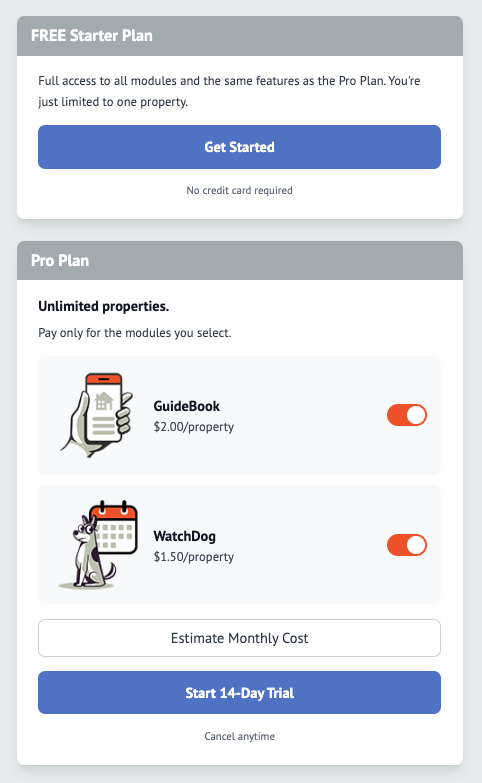 You will be prompted to select a free or paid plan and the modules you wish to subscribe to. If you choose the PRO plan, you will be taken to the Stripe checkout screen to pay for your subscription. If you choose the FREE plan, you will bypass the checkout and be taken directly to step 3.