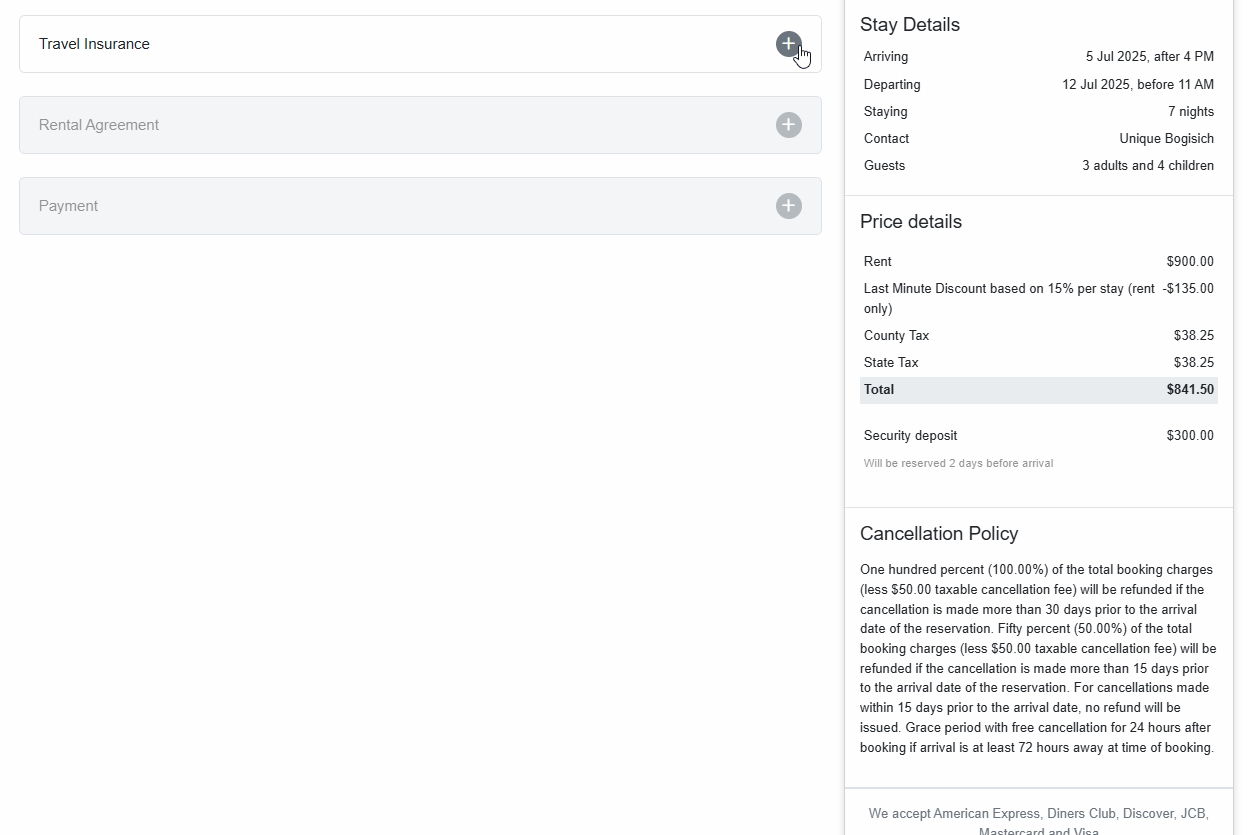 Guests can expand each section (e.g., Contact Information, Travel Insurance, etc.) by clicking on the + sign to make their choices or enter their information, then Save.