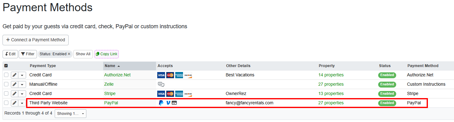 Once completed, PayPal will be displayed in your Payment Methods area with an Enabled status.