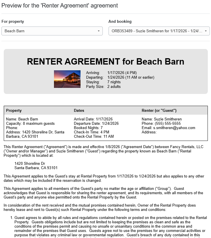 Click the Preview button at the top to review the agreement with guest data included, giving you a sense of what guests will see.