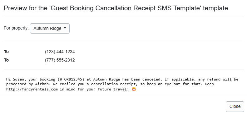 Guest Booking Cancellation Receipt SMS Template Preview