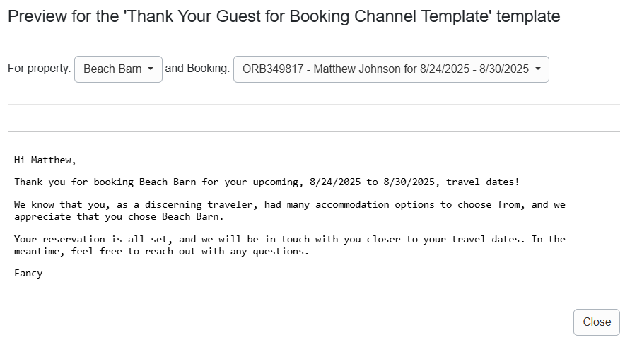 Thank Your Guest for Booking Channel Template Preview