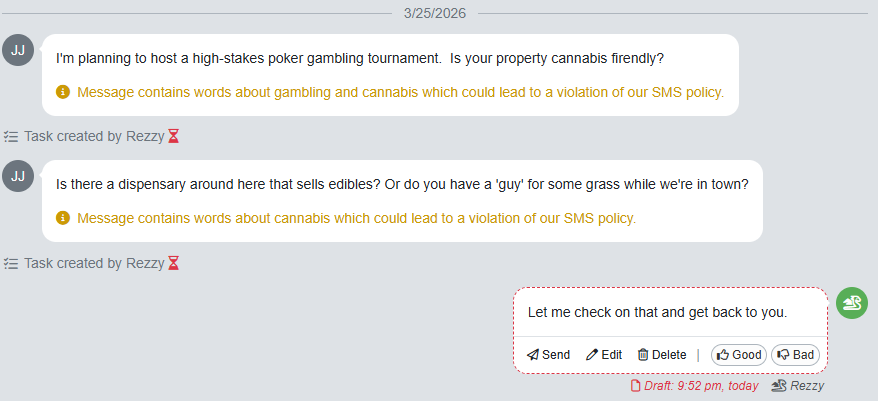 When guests send SMS messages containing forbidden categories, Rezzy AI will respond with 