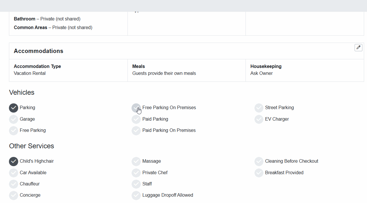 Check and uncheck each of the Vehicles and Other Services items, and if available, add additional information by clicking on the Edit button to the right of the selected accommodation.