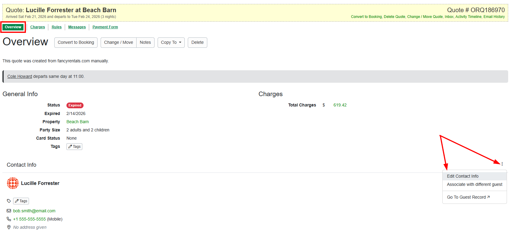 In the Quote Overview, Contact Info section, click the right-side kebab menu and select&nbsp;Edit Contact Info from the dropdown list.