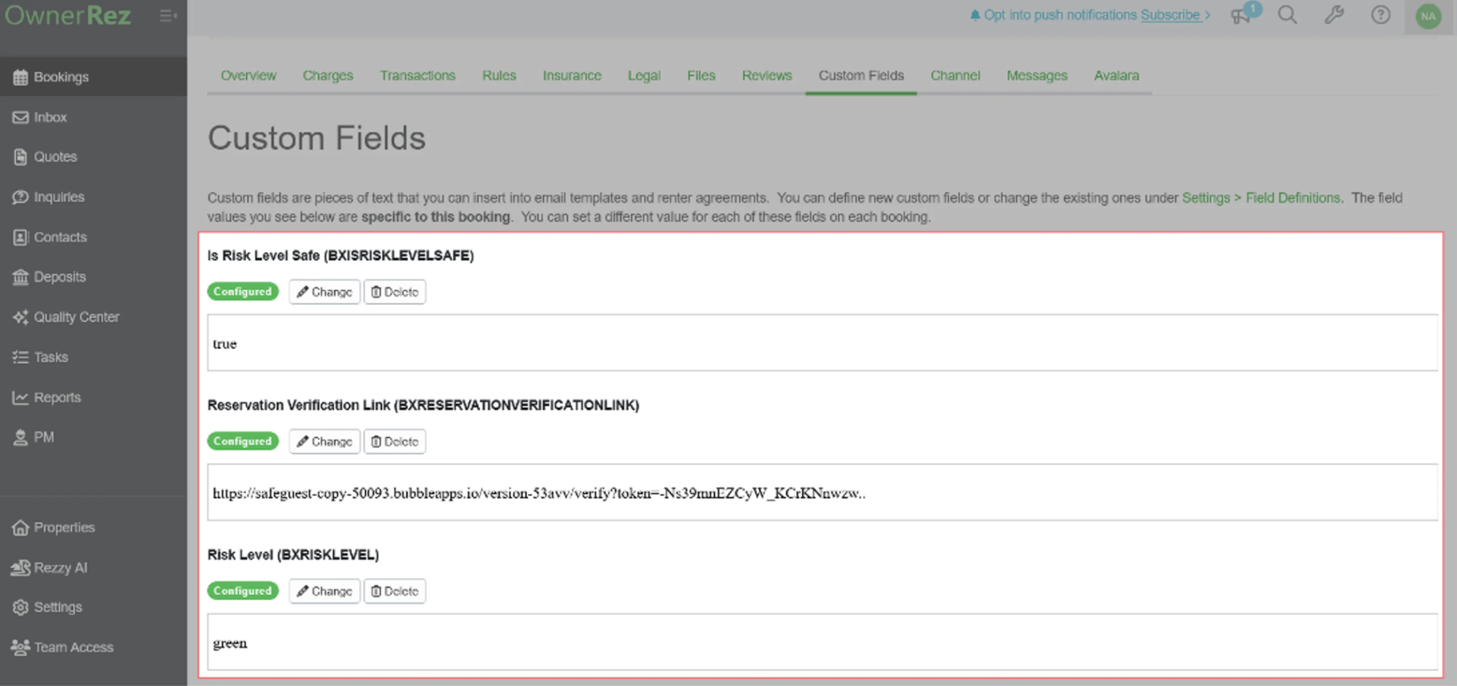 View Custom Verification Fields. Select a booking: Open the booking you want to review Open Custom Fields: Click the Custom Fields tab. Review verification data: View the risk level, verification link, and related details.