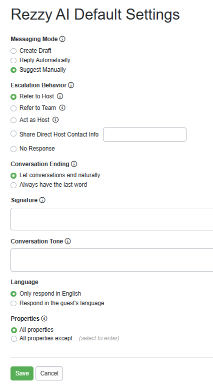 Your Rezzy Settings allow you to change the Messaging Mode, Escalation Behavior, Conversation Ending, Language, Conversation Tone, and more.