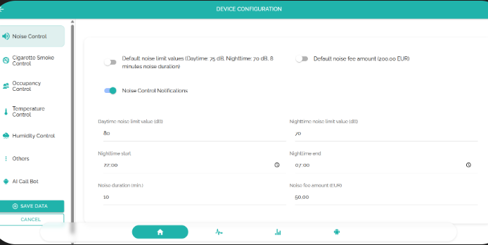 To access all configuration options for your StayControl device, click its gear icon. From the left menu, select the monitoring parameter you want to configure, such as noise or cigarette smoke. On the right side of the screen, you can rename the device, adjust fee amounts, set triggers for day and night, enable or disable notifications, configure the AI Call Concierge for incident management calls, and explore many other settings.