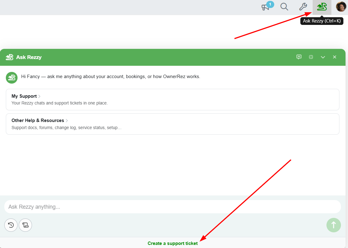 Create a Support Ticket in-app by clicking&nbsp;Ask Rezzy/Help ?&nbsp;menu at the top and clicking on Create a support ticket at the bottom of the Ask Rezzy window.