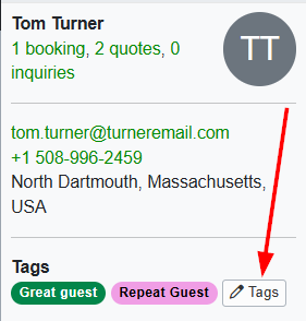 OwnerRez Users can also add tags to a guest's record&nbsp;by navigating to Contacts > specific Contact > Tags.
