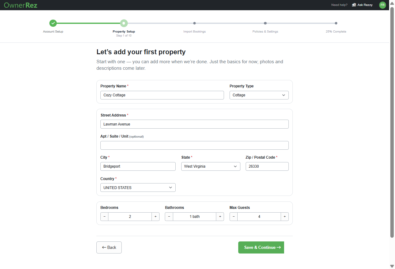 Start adding a property by entering the Property Name, Property Type, Street Address, City, State, Zip/Postal Code, Country, Number of Bedrooms, Number of Bathrooms, and Maximum number of Guests, then click Save & Continue.