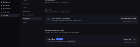 After OwnerRez redirects back to Waive, the OwnerRez card shows as connected. If OwnerRez returns a user ID, Waive shows the connected OwnerRez user ID on the card.