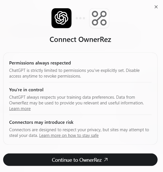 On the Connect OwnerRez pop-up, click Continue to OwnerRez.