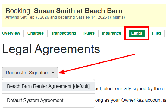 To send an agreement signing link after booking, go to the Legal tab of the booking and use the Request e-Signature button to send a link for a booking from a listing site, request signatures on additional documents, or request signatures from additional guests.  You can preview the process the guest will see, compose an email with the signing link, or copy the link to send to the guest directly.