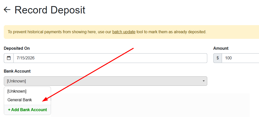 When manually changing or recording deposits, hosts can now select the associated bank account (or add a new one) from&nbsp;the Bank Account dropdown list.