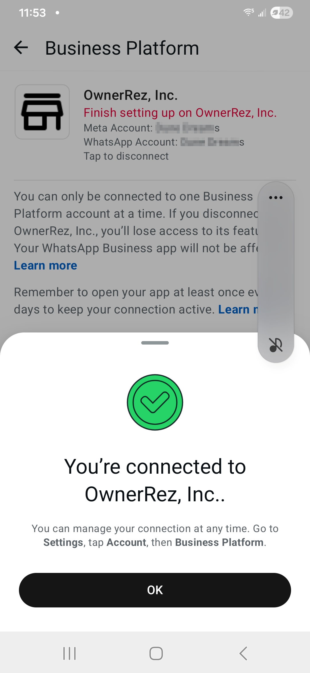 In your&nbsp;WhatsApp Business app, connect to OwnerRez by clicking OK.
