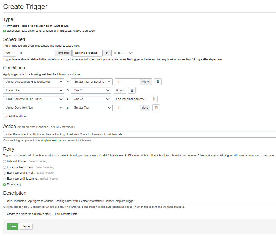Offer Discounted Gap Nights to Channel Booking Guest With Contact Information Email Template Trigger Example
