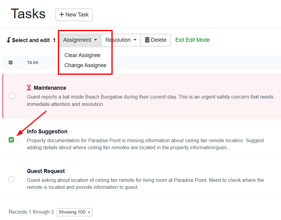 On the Task dashboard, users can clear or change task assignees by selecting individual tasks and then choosing either Clear or Change Assignee from the Assignment dropdown list.