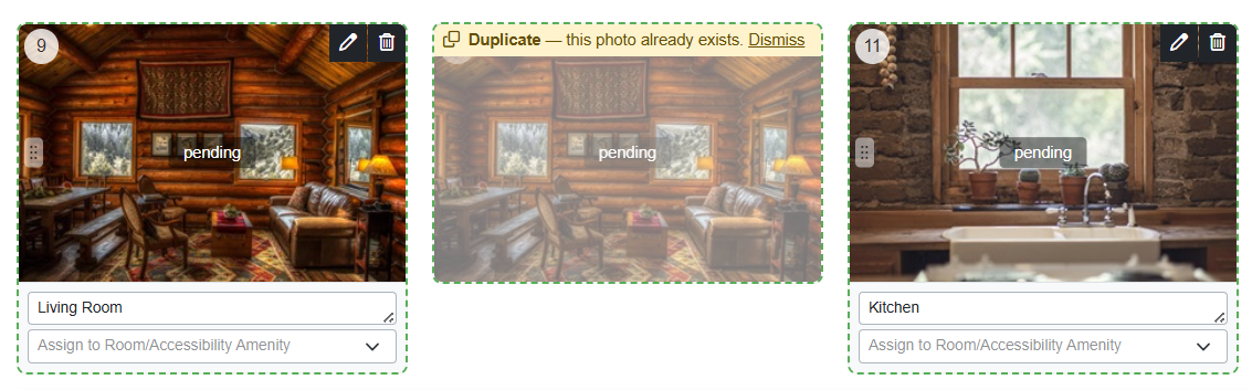 When you upload a photo that looks like one already in the gallery (even at different resolutions or compression levels), you'll see a side-by-side comparison noting duplicates. Clicking the Dismiss link automatically replaces lower-quality copies with higher-quality versions, keeping your property galleries clean and organized.