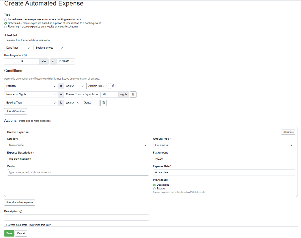 Do you offer mid-stay inspection fees for bookings of 28 or 30 days or longer? You can create an automated expense to apply to mid-stay bookings for owners of specific properties by using these settings.